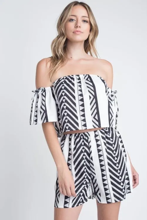 Womens Black & White Off Shoulder 2 Piece Short Set