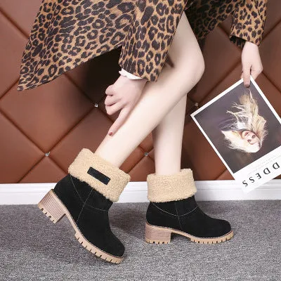 Women's block heels snow booties plush lined warm ankle boots
