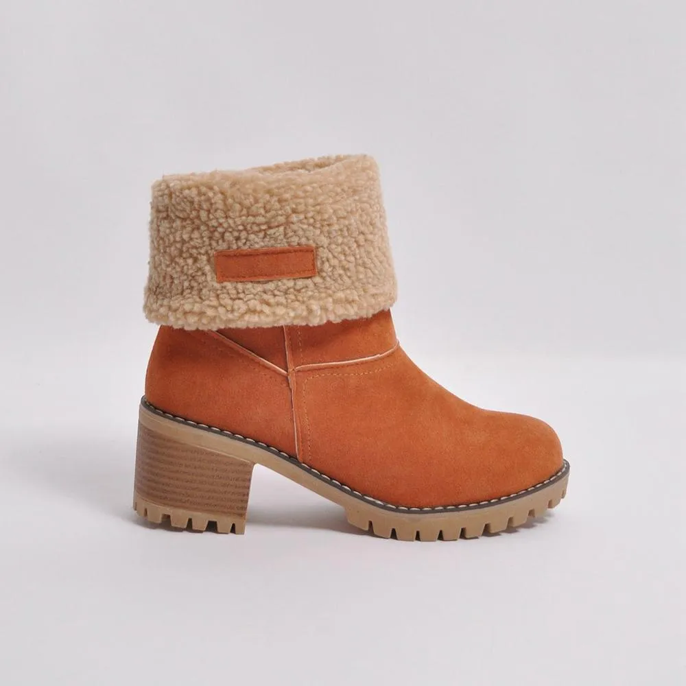 Women's block heels snow booties plush lined warm ankle boots
