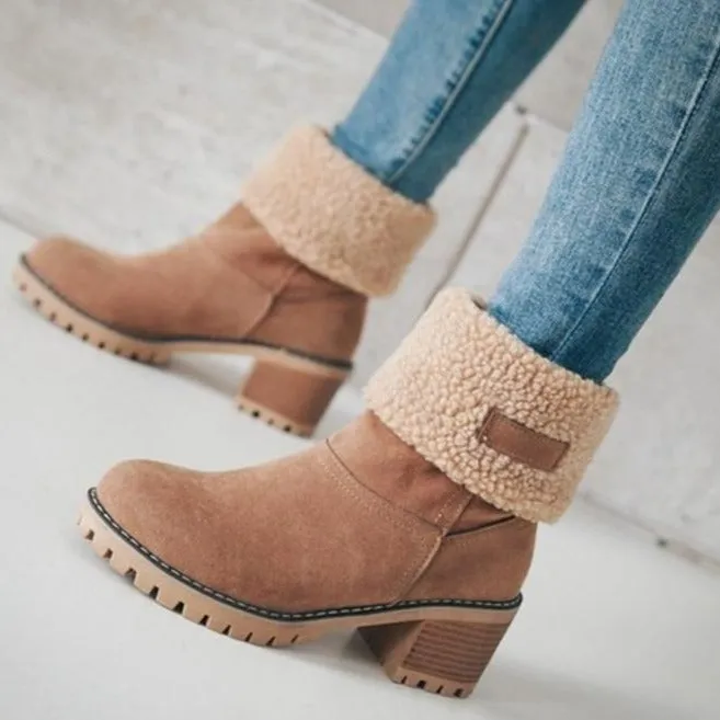 Women's block heels snow booties plush lined warm ankle boots