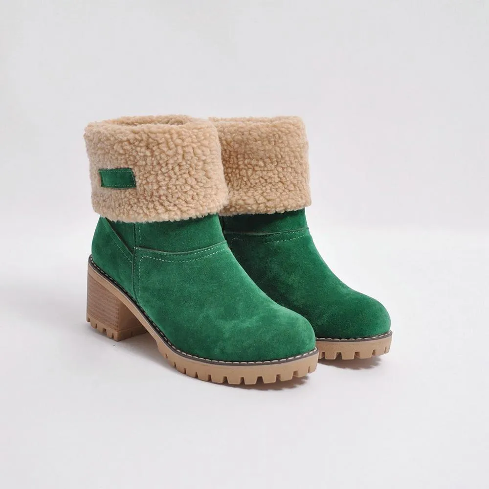 Women's block heels snow booties plush lined warm ankle boots