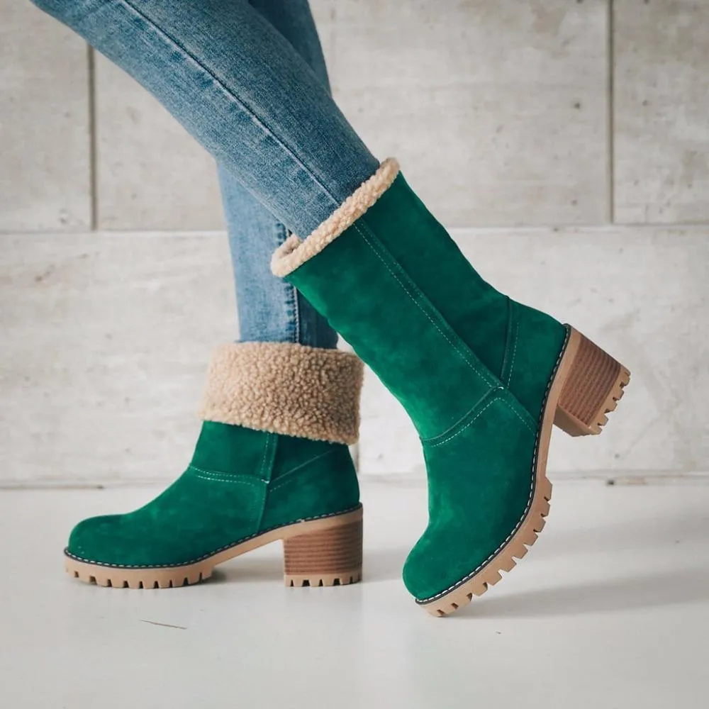 Women's block heels snow booties plush lined warm ankle boots