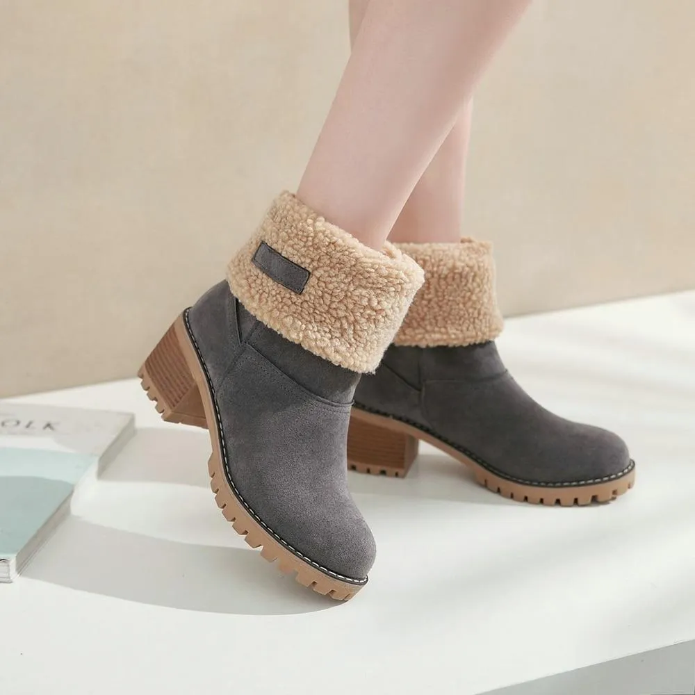 Women's block heels snow booties plush lined warm ankle boots