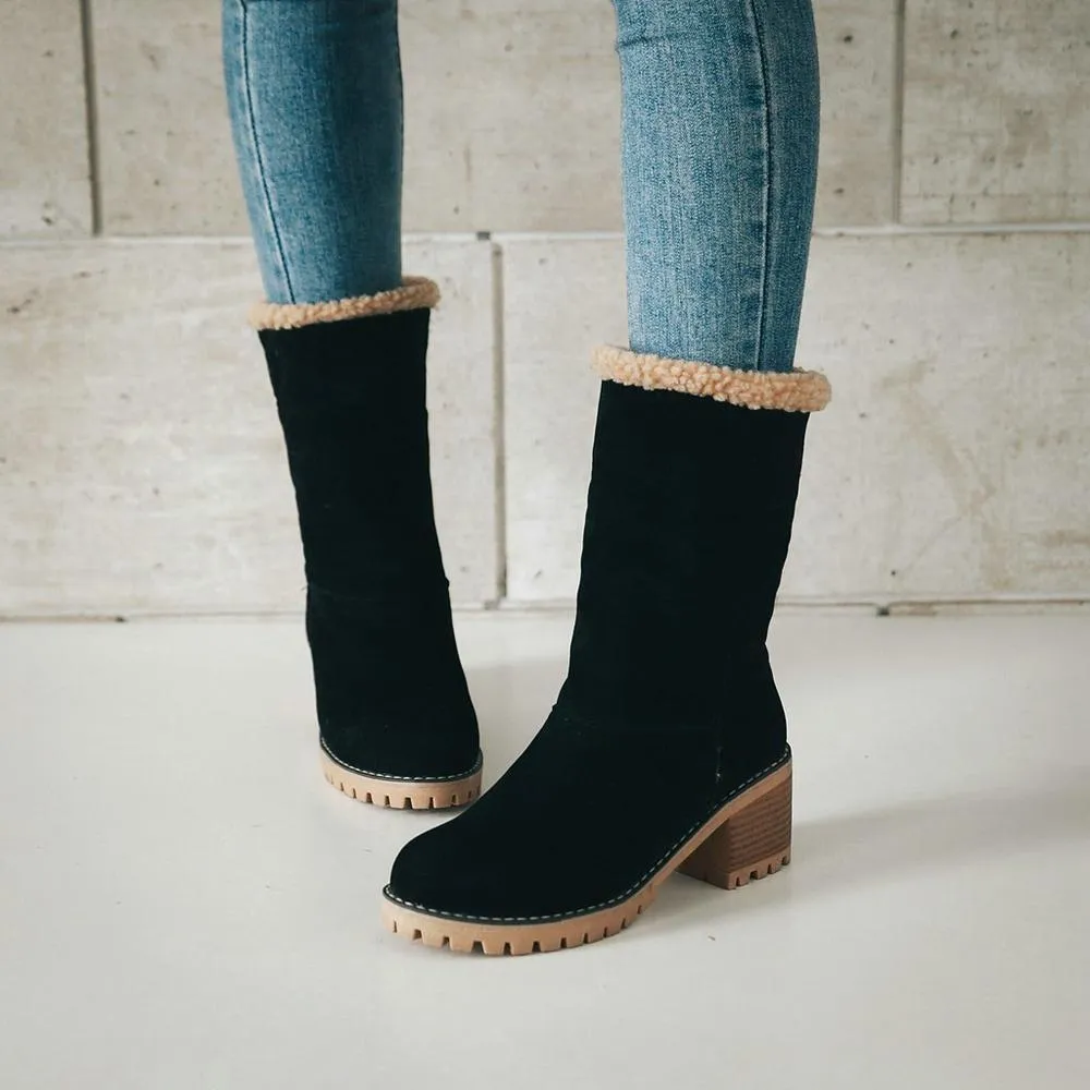 Women's block heels snow booties plush lined warm ankle boots