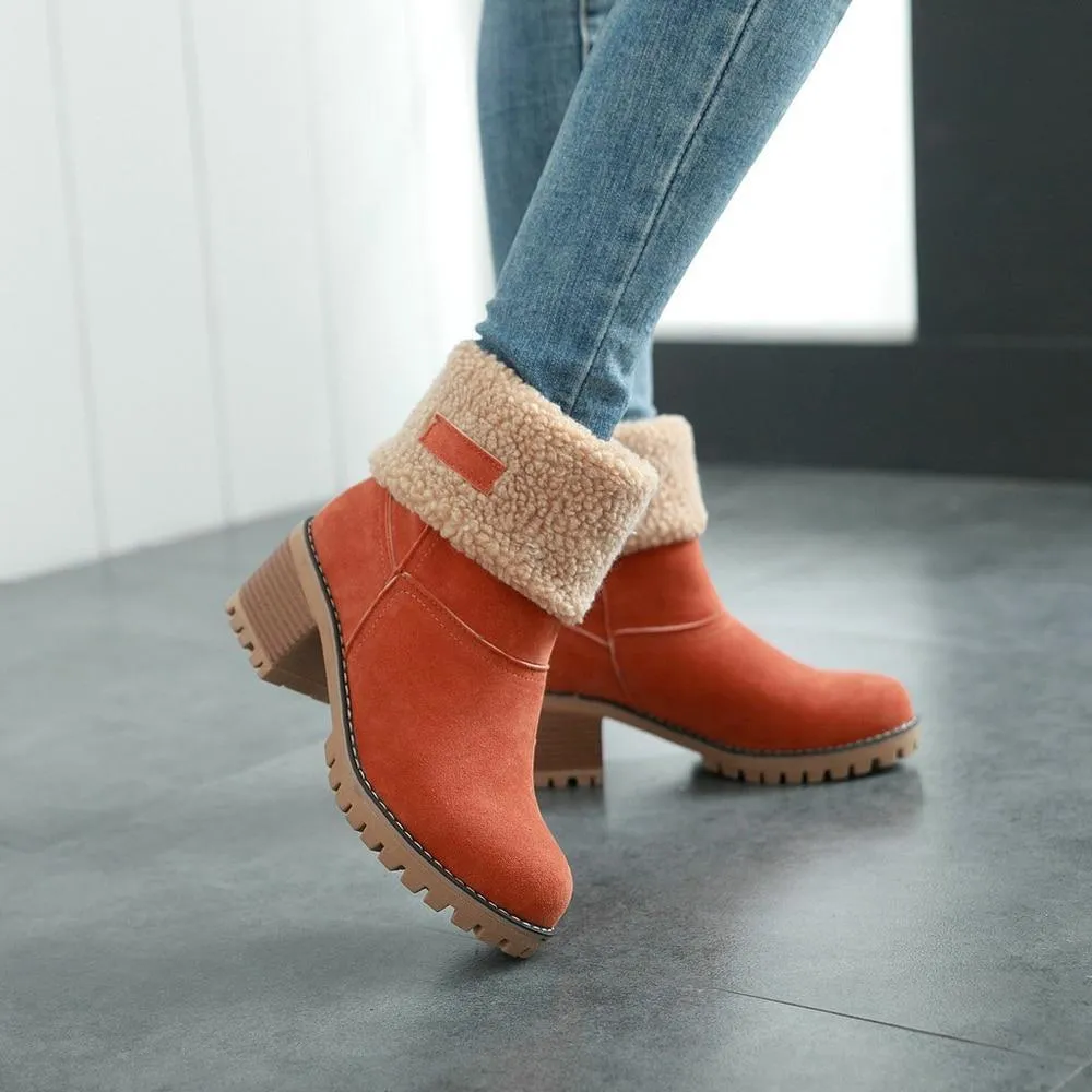 Women's block heels snow booties plush lined warm ankle boots