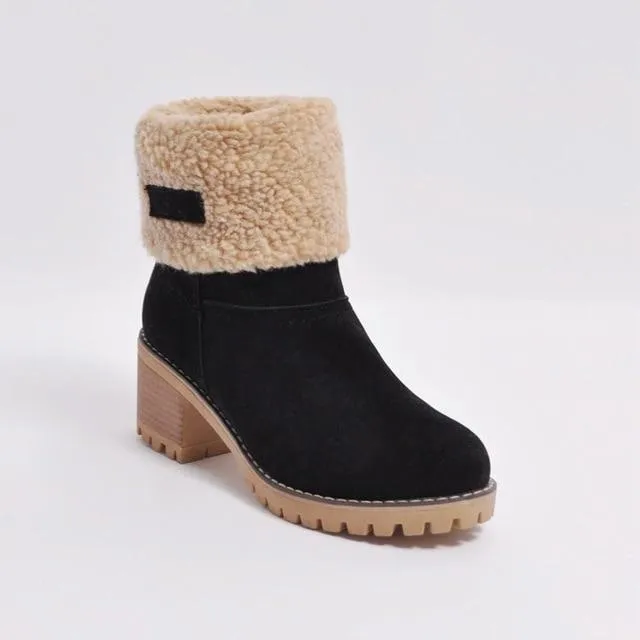 Women's block heels snow booties plush lined warm ankle boots