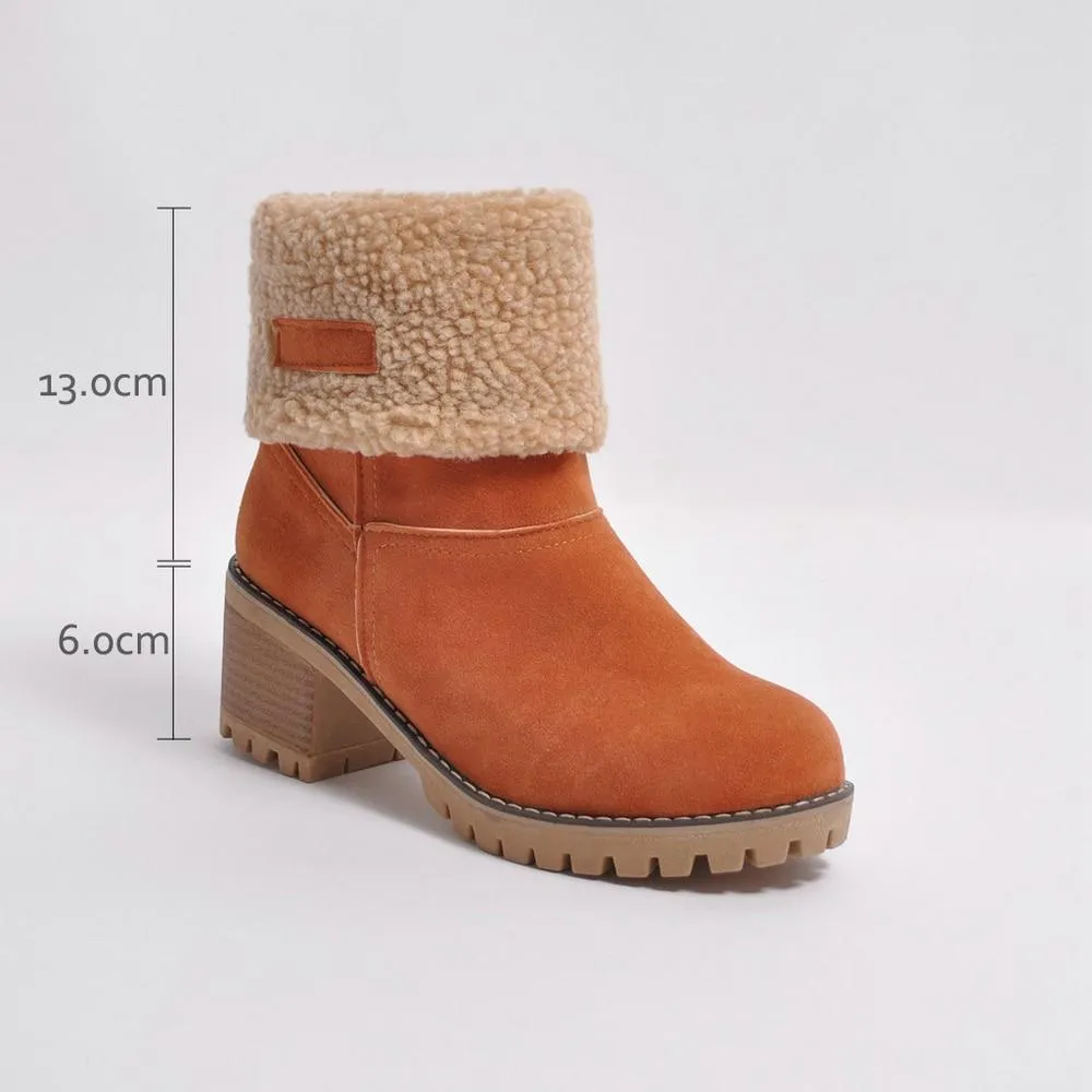 Women's block heels snow booties plush lined warm ankle boots