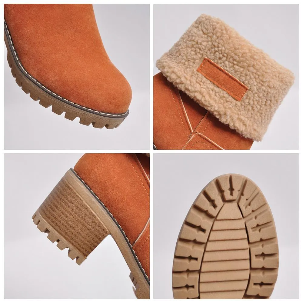 Women's block heels snow booties plush lined warm ankle boots