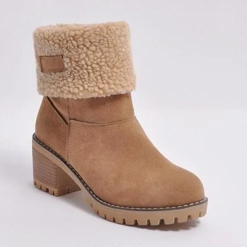 Women's block heels snow booties plush lined warm ankle boots