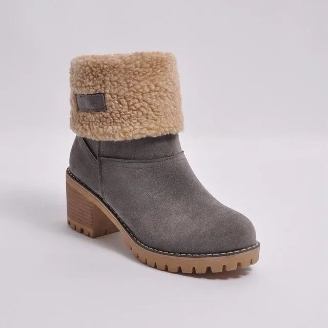 Women's block heels snow booties plush lined warm ankle boots