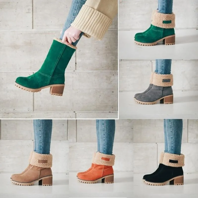 Women's block heels snow booties plush lined warm ankle boots
