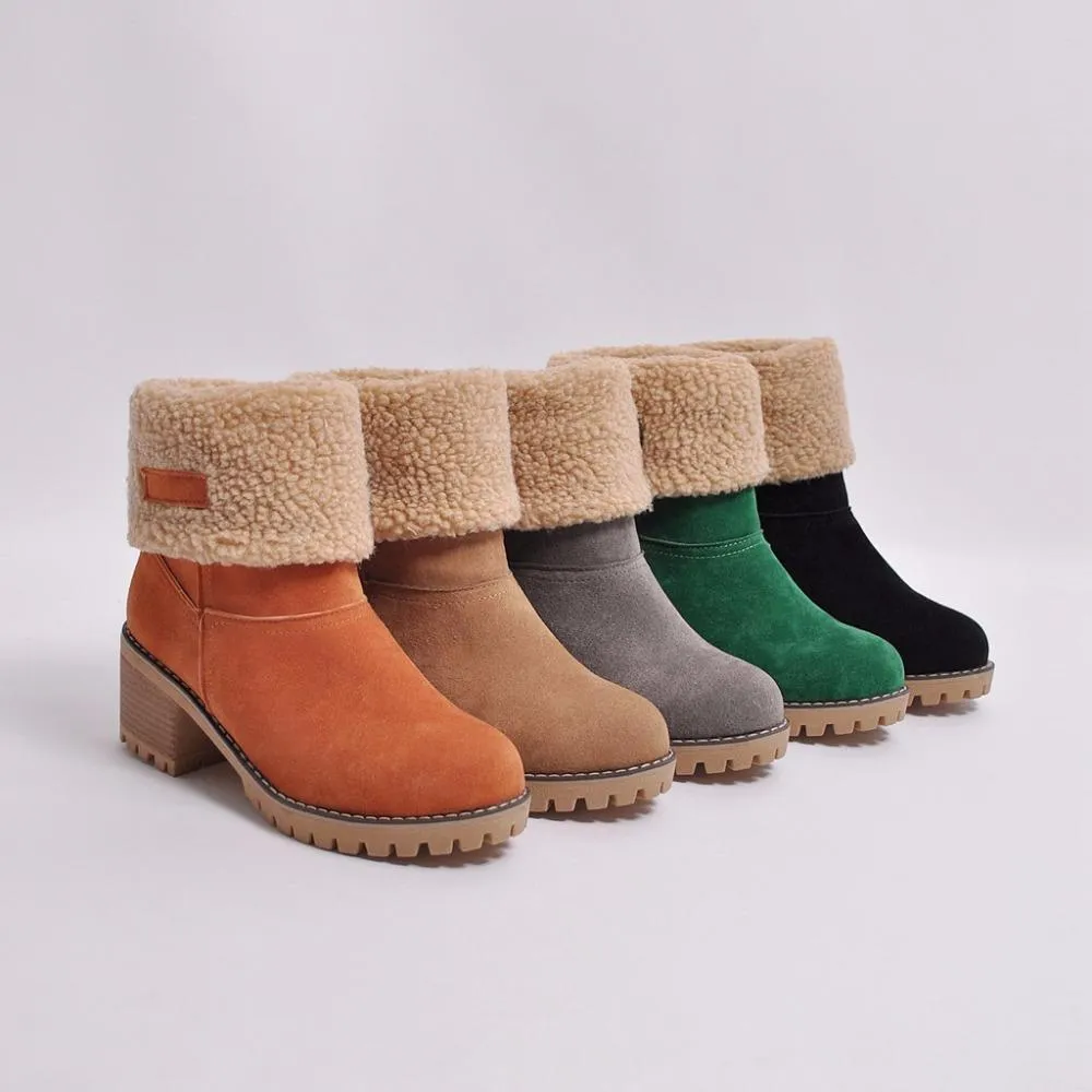Women's block heels snow booties plush lined warm ankle boots