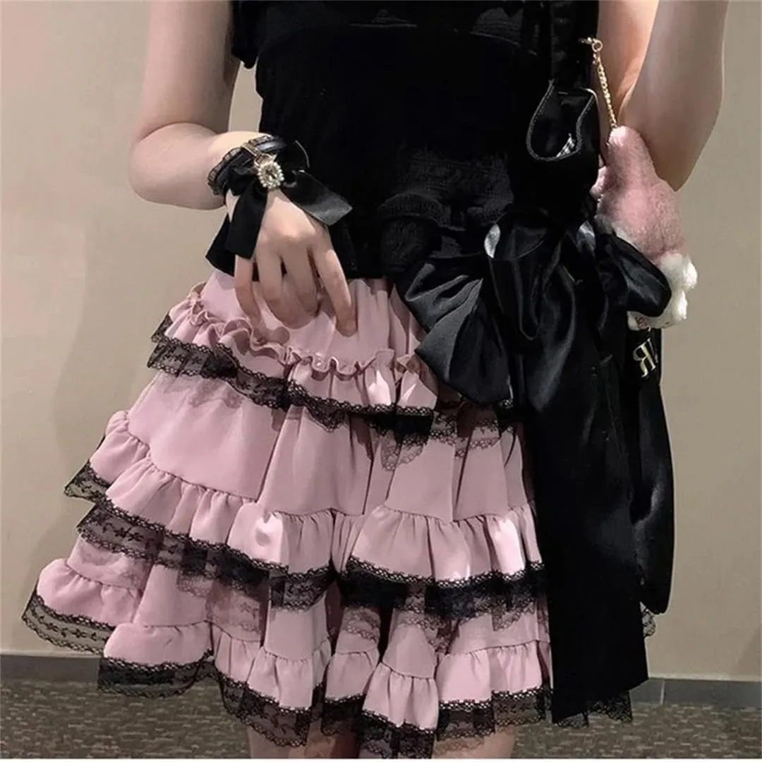 Women's Bow Mini Skirt Japanese Lace A-Line Skirt Summer High Waist Casual Pleated Skirt