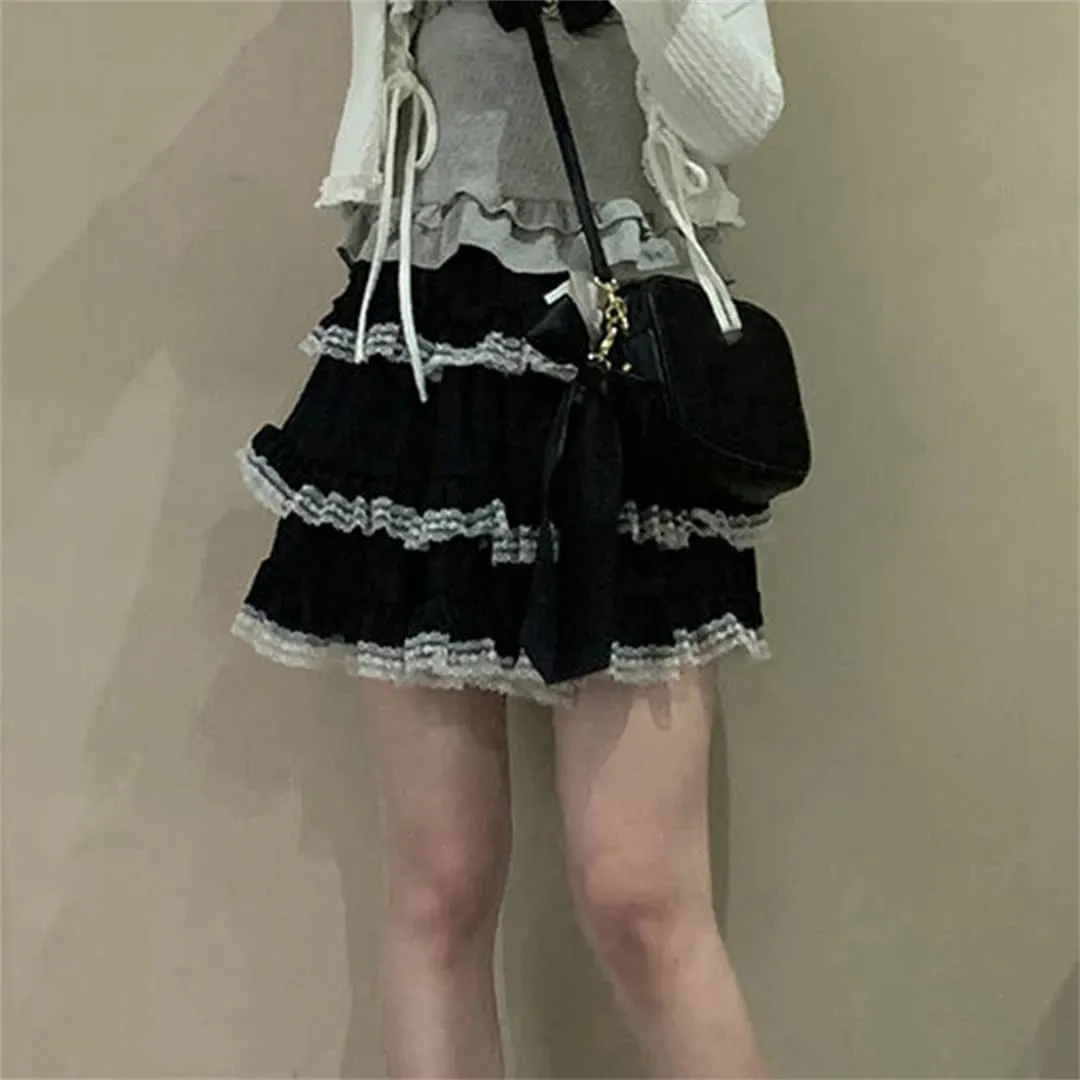 Women's Bow Mini Skirt Japanese Lace A-Line Skirt Summer High Waist Casual Pleated Skirt