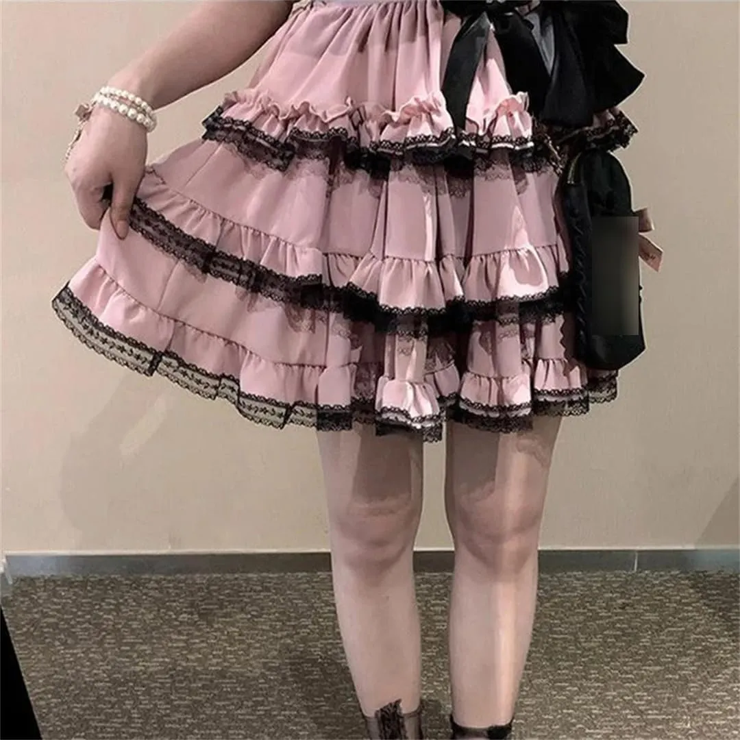 Women's Bow Mini Skirt Japanese Lace A-Line Skirt Summer High Waist Casual Pleated Skirt