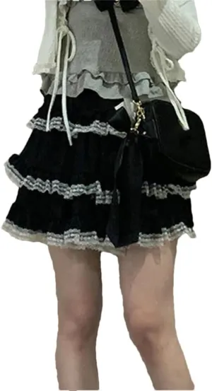 Women's Bow Mini Skirt Japanese Lace A-Line Skirt Summer High Waist Casual Pleated Skirt