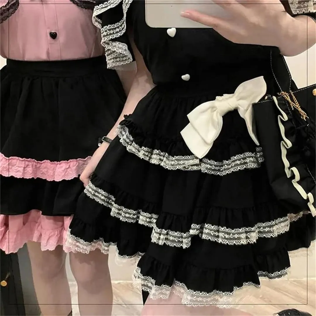 Women's Bow Mini Skirt Japanese Lace A-Line Skirt Summer High Waist Casual Pleated Skirt