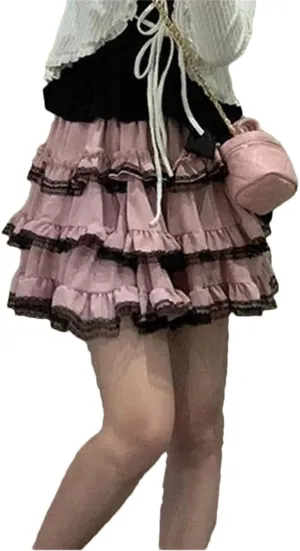 Women's Bow Mini Skirt Japanese Lace A-Line Skirt Summer High Waist Casual Pleated Skirt