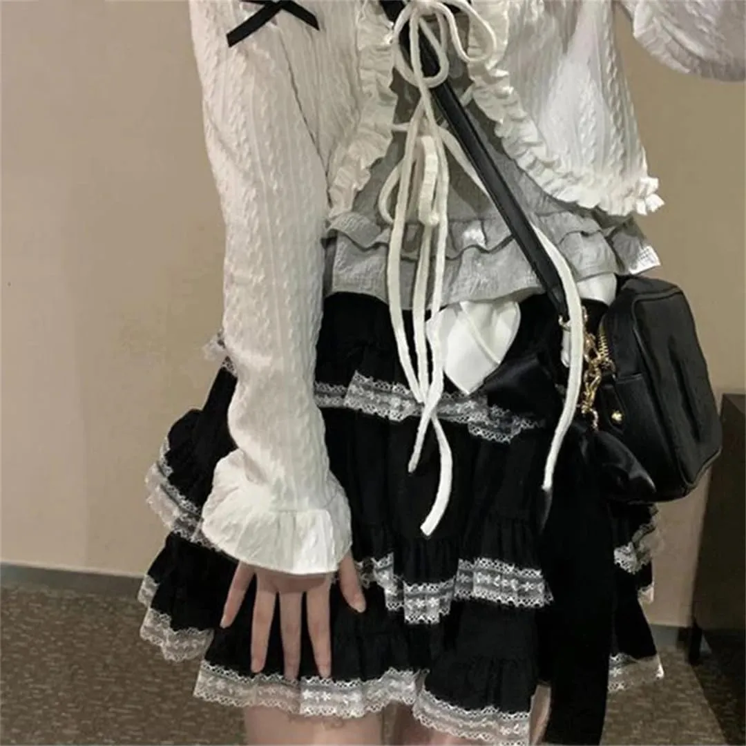 Women's Bow Mini Skirt Japanese Lace A-Line Skirt Summer High Waist Casual Pleated Skirt