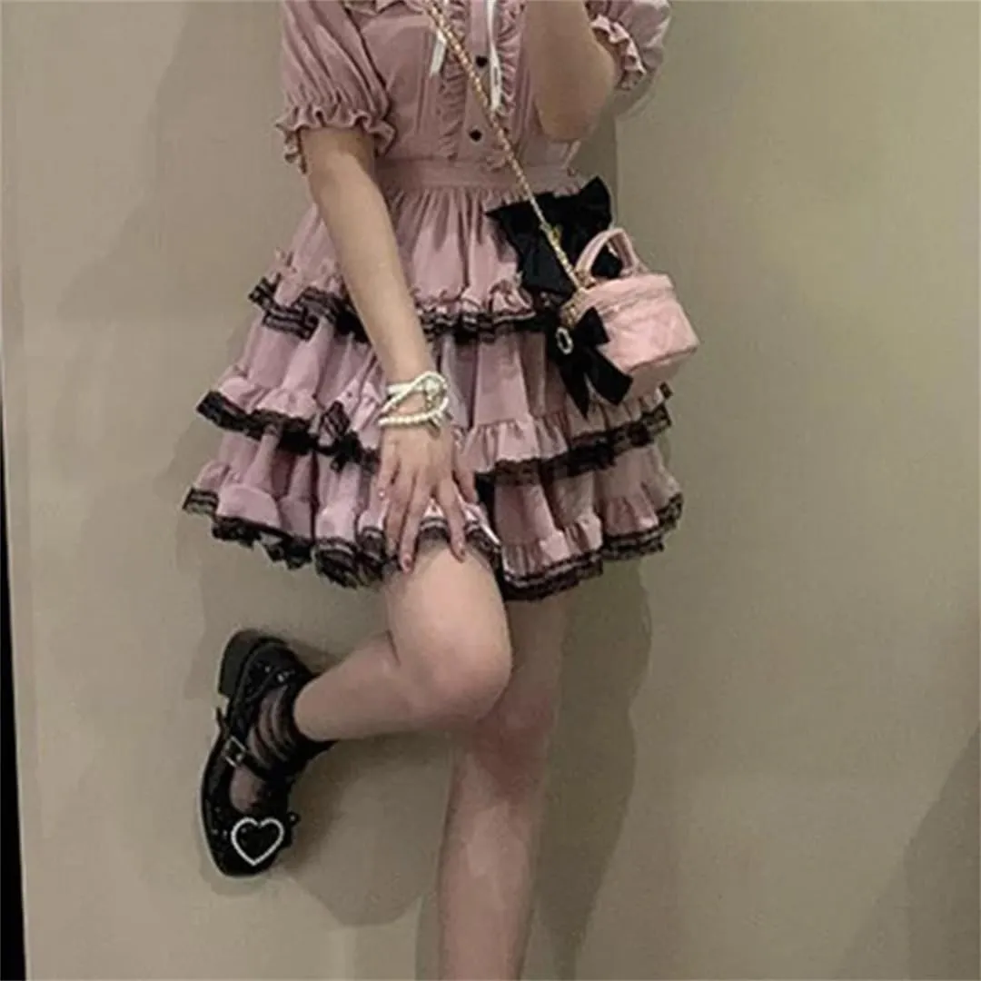 Women's Bow Mini Skirt Japanese Lace A-Line Skirt Summer High Waist Casual Pleated Skirt