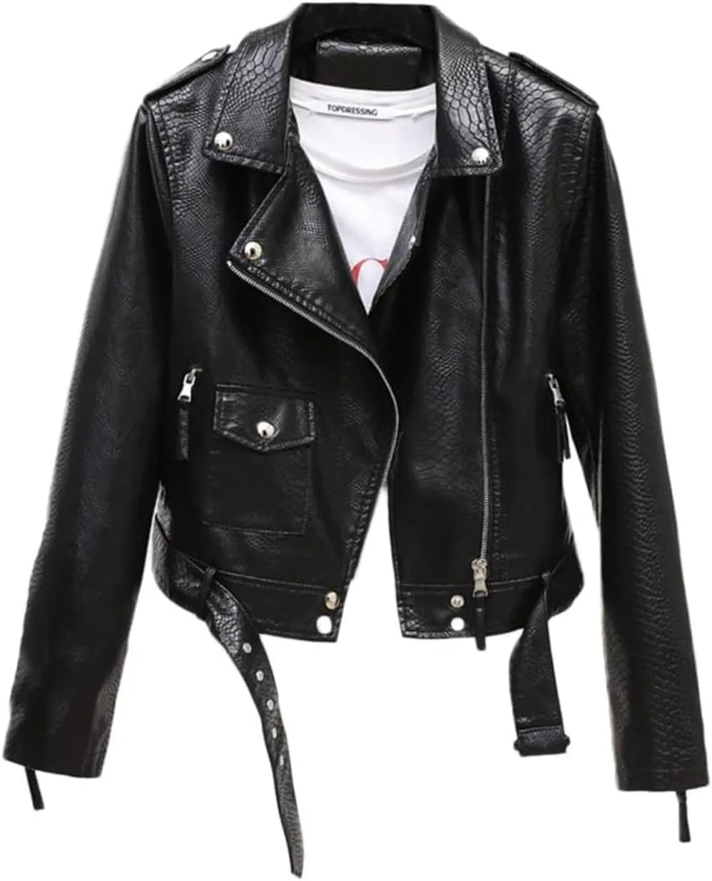 Womens Brown Biker Faux Leather Snake Skin Texture Streetwear Slim Fit Moto Rider Casual Caf Racer Smooth PU Jacket