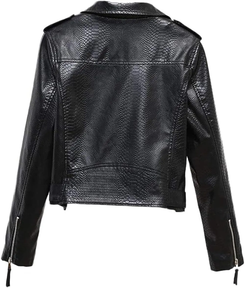 Womens Brown Biker Faux Leather Snake Skin Texture Streetwear Slim Fit Moto Rider Casual Caf Racer Smooth PU Jacket