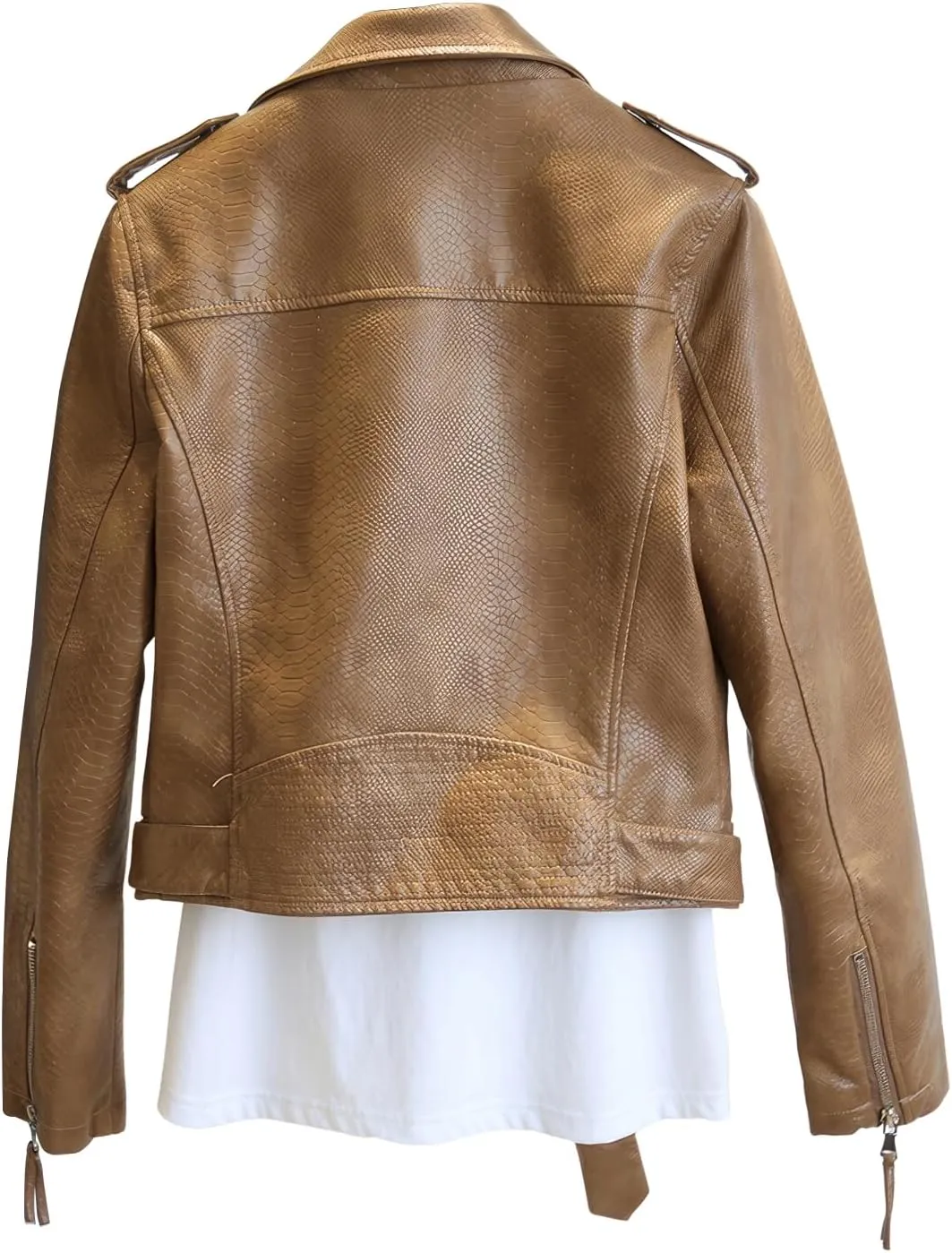 Womens Brown Biker Faux Leather Snake Skin Texture Streetwear Slim Fit Moto Rider Casual Caf Racer Smooth PU Jacket