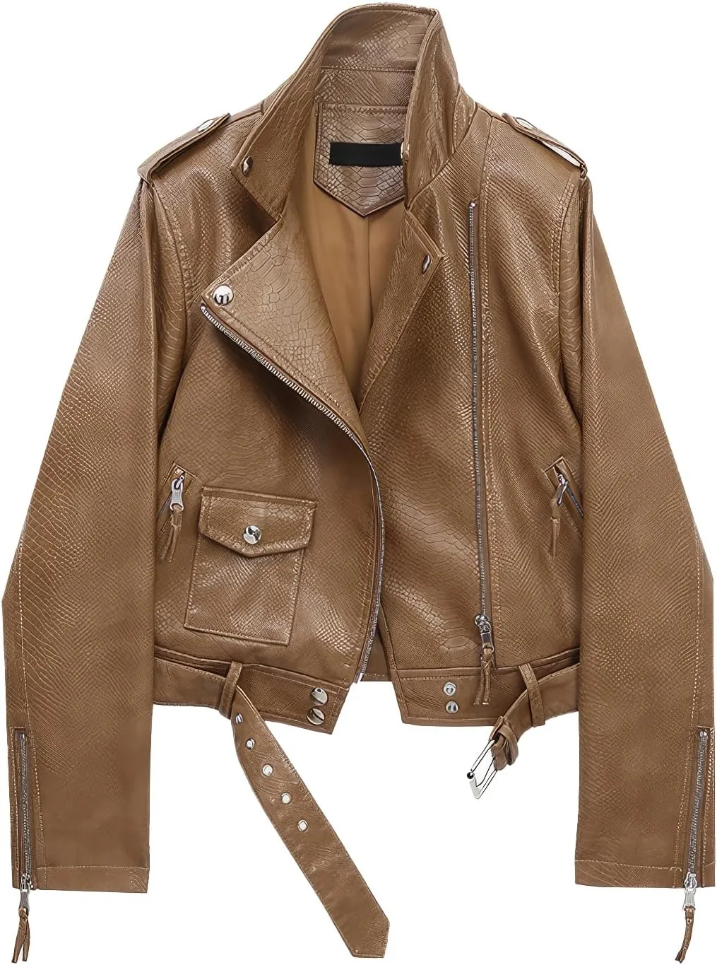 Womens Brown Biker Faux Leather Snake Skin Texture Streetwear Slim Fit Moto Rider Casual PU Jacket