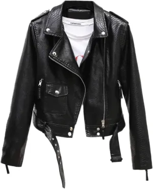 Womens Brown Biker Faux Leather Snake Skin Texture Streetwear Slim Fit Moto Rider Casual PU Jacket