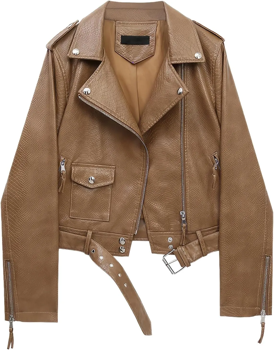 Womens Brown Biker Faux Leather Snake Skin Texture Streetwear Slim Fit Moto Rider Casual PU Jacket