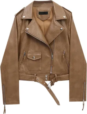 Womens Brown Biker Faux Leather Snake Skin Texture Streetwear Slim Fit Moto Rider Casual PU Jacket