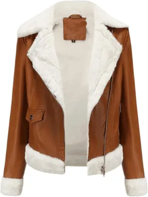 Womens Brown Biker Genuine Sheepskin Sherpa Shearling Faux Fur Moto Caf Racer Asymmetric Bomber Leather Jacket (US, Alpha, 3X-Large, Regular, Regular)