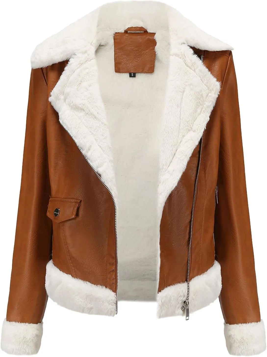 Womens Brown Biker Genuine Sheepskin Sherpa Shearling Faux Fur Moto Caf Racer Asymmetric Bomber Leather Jacket