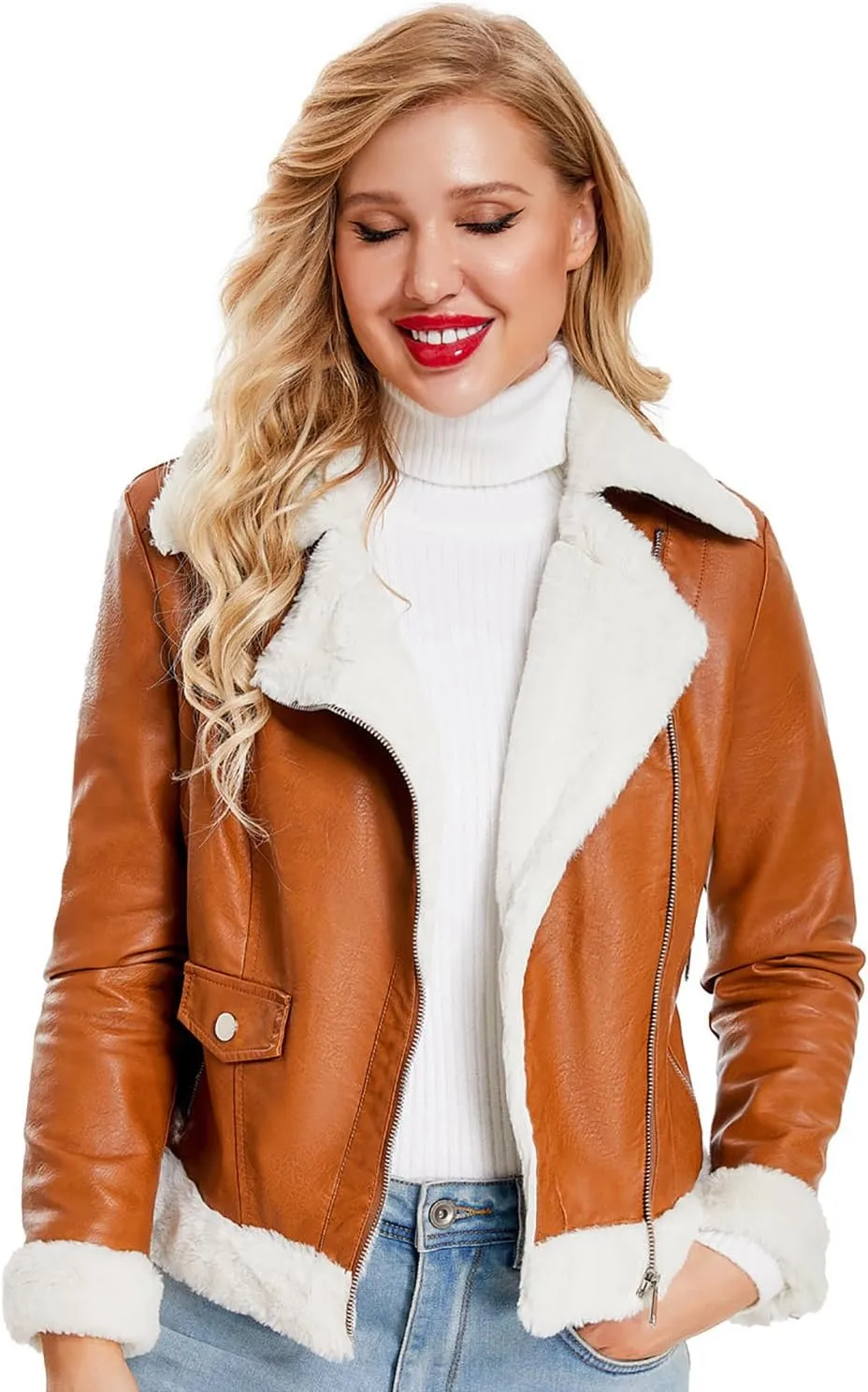 Womens Brown Biker Genuine Sheepskin Sherpa Shearling Faux Fur Moto Caf Racer Asymmetric Bomber Leather Jacket