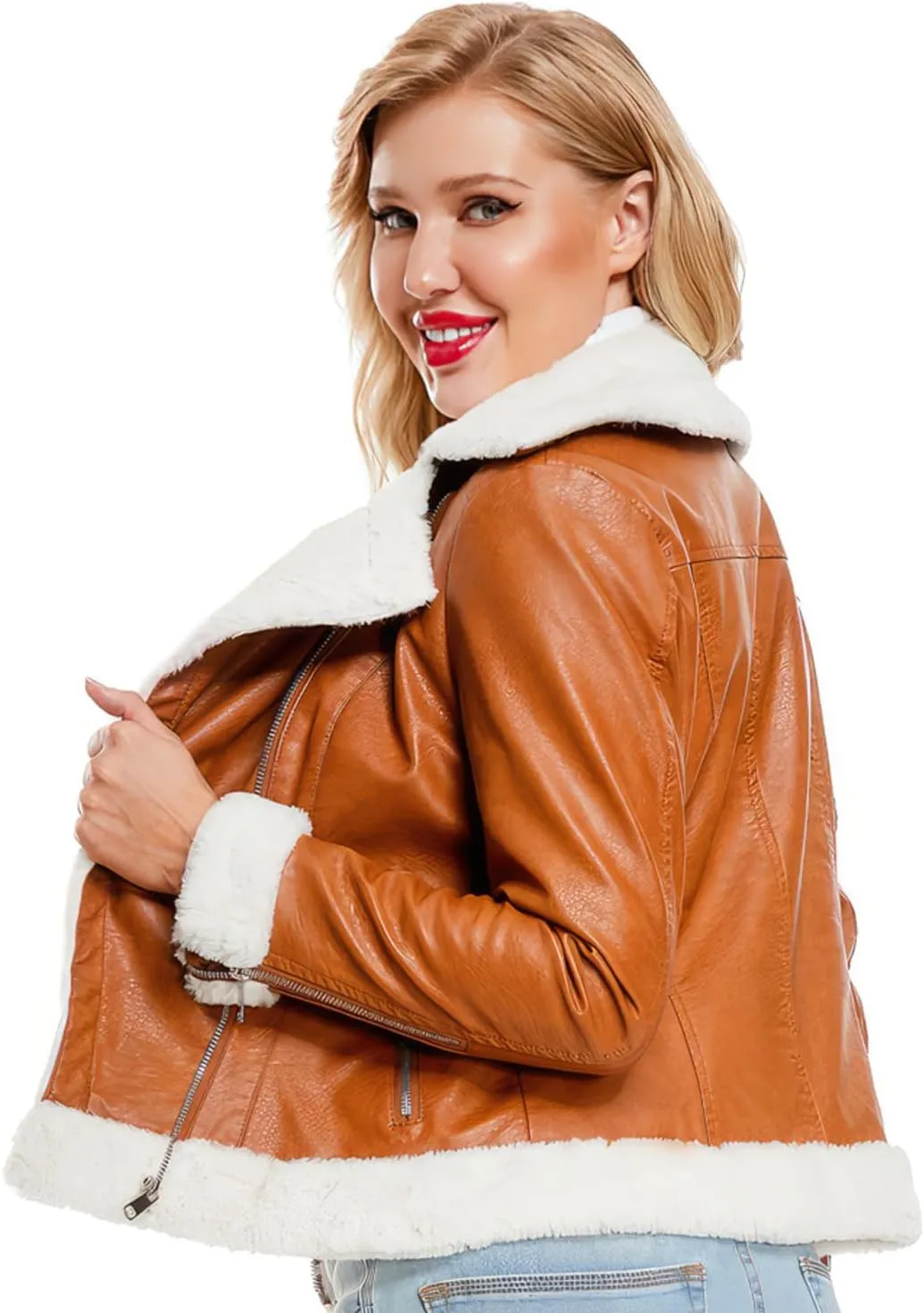 Womens Brown Biker Genuine Sheepskin Sherpa Shearling Faux Fur Moto Caf Racer Asymmetric Bomber Leather Jacket