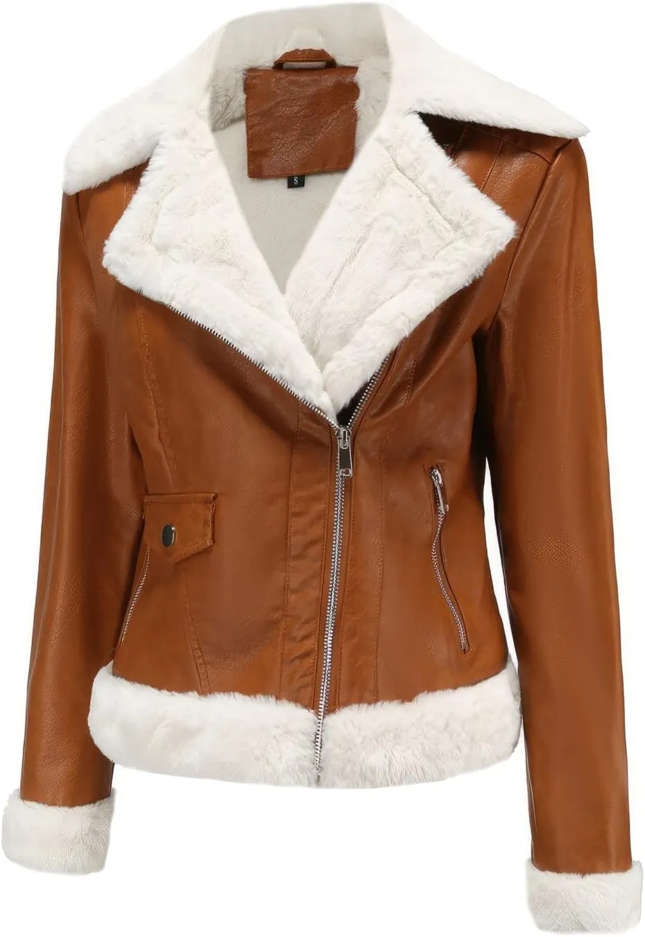Womens Brown Biker Genuine Sheepskin Sherpa Shearling Faux Fur Moto Caf Racer Asymmetric Bomber Leather Jacket