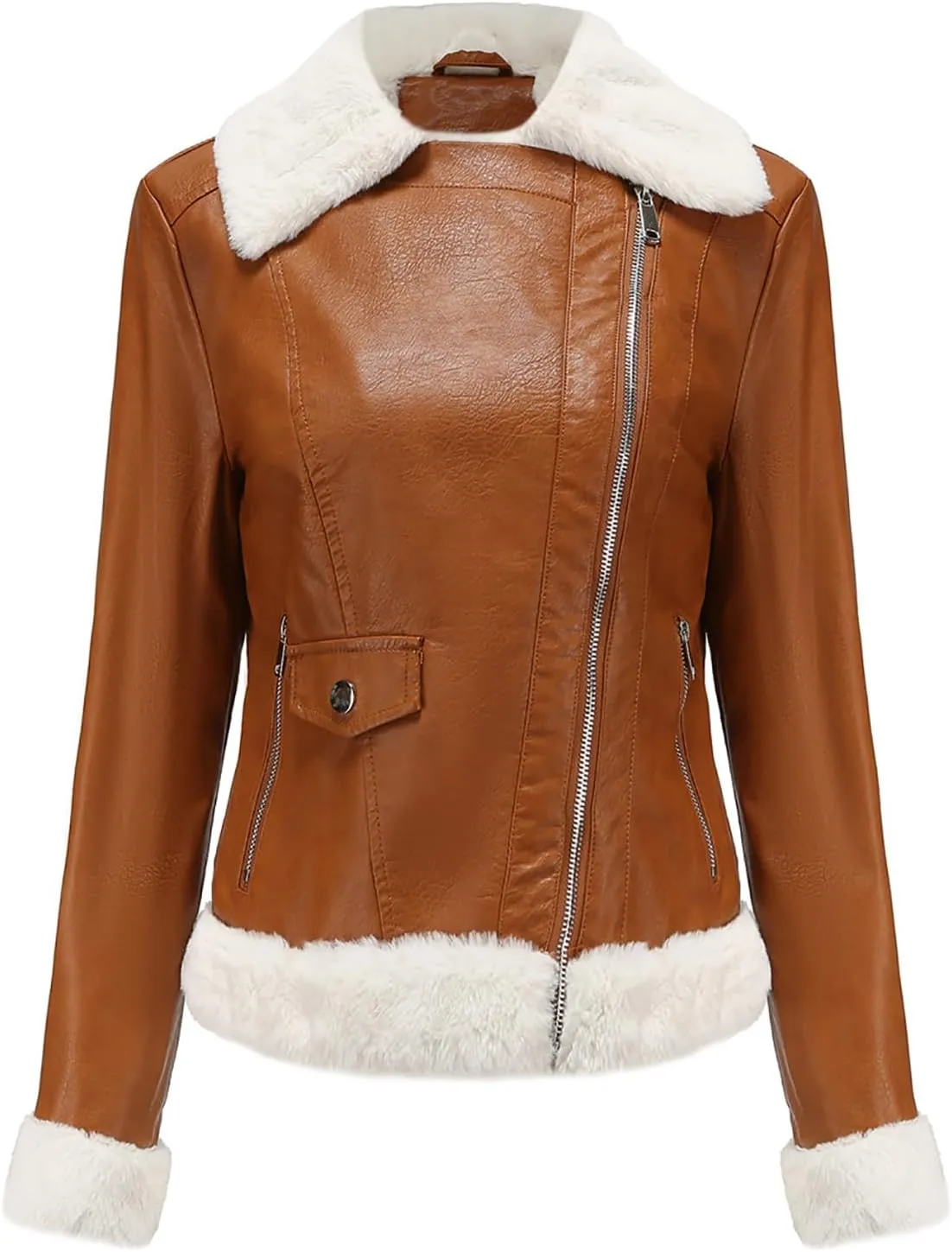 Womens Brown Biker Genuine Sheepskin Sherpa Shearling Faux Fur Moto Caf Racer Asymmetric Bomber Leather Jacket