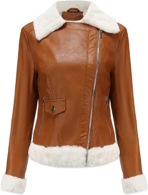 Womens Brown Biker Genuine Sheepskin Sherpa Shearling Faux Fur Moto Caf Racer Asymmetric Bomber Leather Jacket