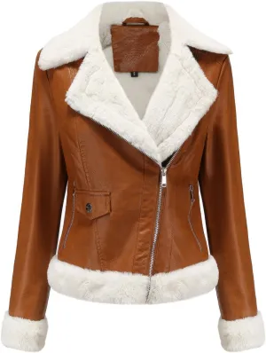 Womens Brown Biker Genuine Sheepskin Sherpa Shearling Faux Fur Moto Caf Racer Asymmetric Bomber Leather Jacket