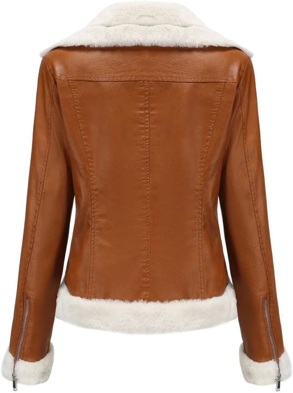 Womens Brown Biker Genuine Sheepskin Sherpa Shearling Faux Fur Moto Caf Racer Asymmetric Bomber Leather Jacket