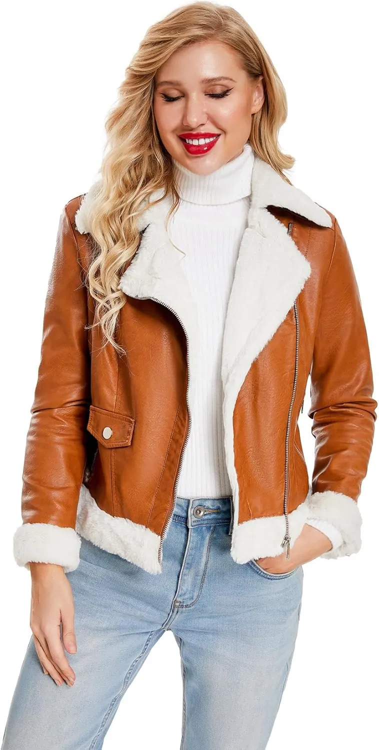 Women’s Brown Genuine Sheepskin Leather Moto Leather Jacket, Sherpa Shearling Faux Fur Lined Asymmetric Bomber Style jacket