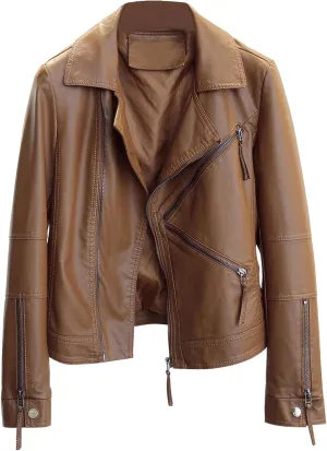 Womens Brown Sheepskin Lapel Collar Moto Biker Streetwear Asymmetric Leather Jacket: Casual Classic, Smooth Finish