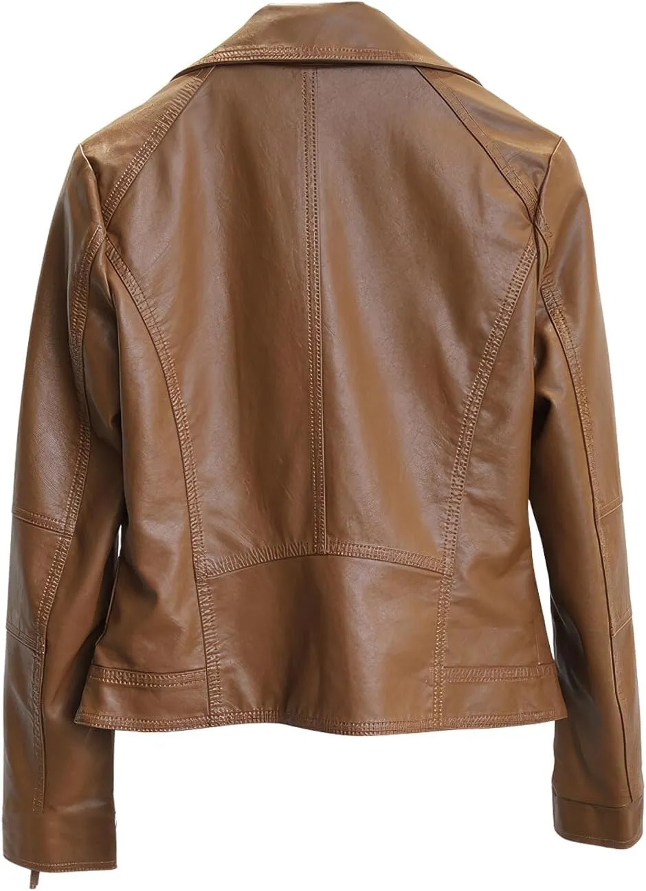 Womens Brown Sheepskin Lapel Collar Moto Biker Streetwear Asymmetric Leather Jacket: Casual Classic, Smooth Finish