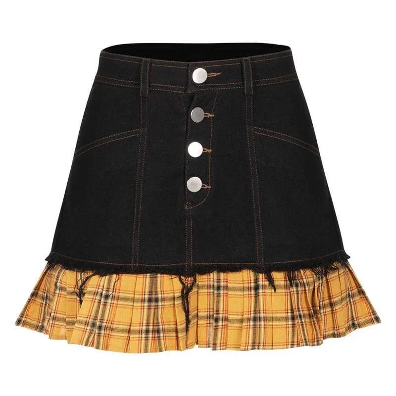 Women's Buttoms Spliced Plaid Hem Denim Skirts
