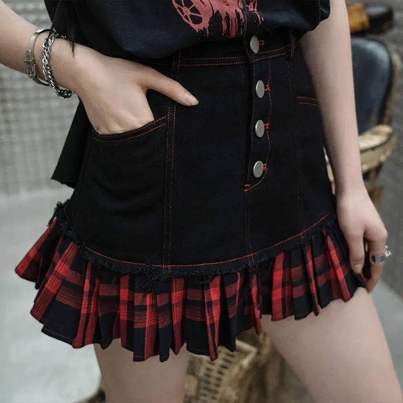 Women's Buttoms Spliced Plaid Hem Denim Skirts