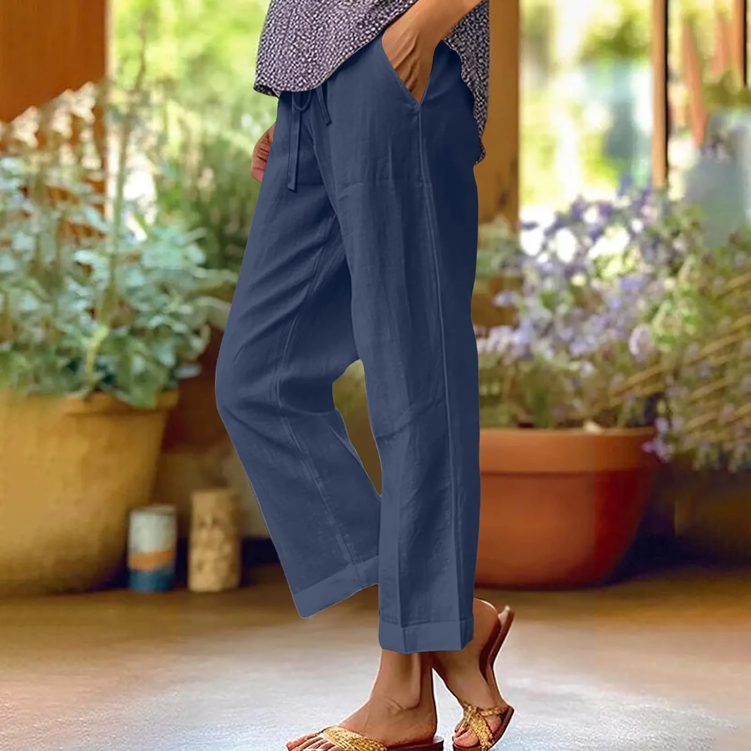 Womens Casual Cotton Linen Pants Lightweight Summer Elastic Waist Beach Pant Solid Lounge Long Trousers with Pockets