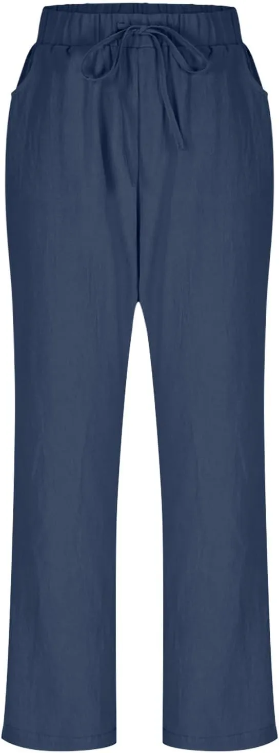 Womens Casual Cotton Linen Pants Lightweight Summer Elastic Waist Beach Pant Solid Lounge Long Trousers with Pockets