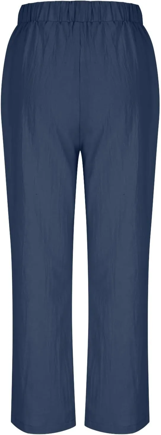 Womens Casual Cotton Linen Pants Lightweight Summer Elastic Waist Beach Pant Solid Lounge Long Trousers with Pockets