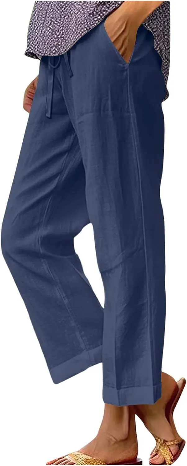 Womens Casual Cotton Linen Pants Lightweight Summer Elastic Waist Beach Pant Solid Lounge Long Trousers with Pockets