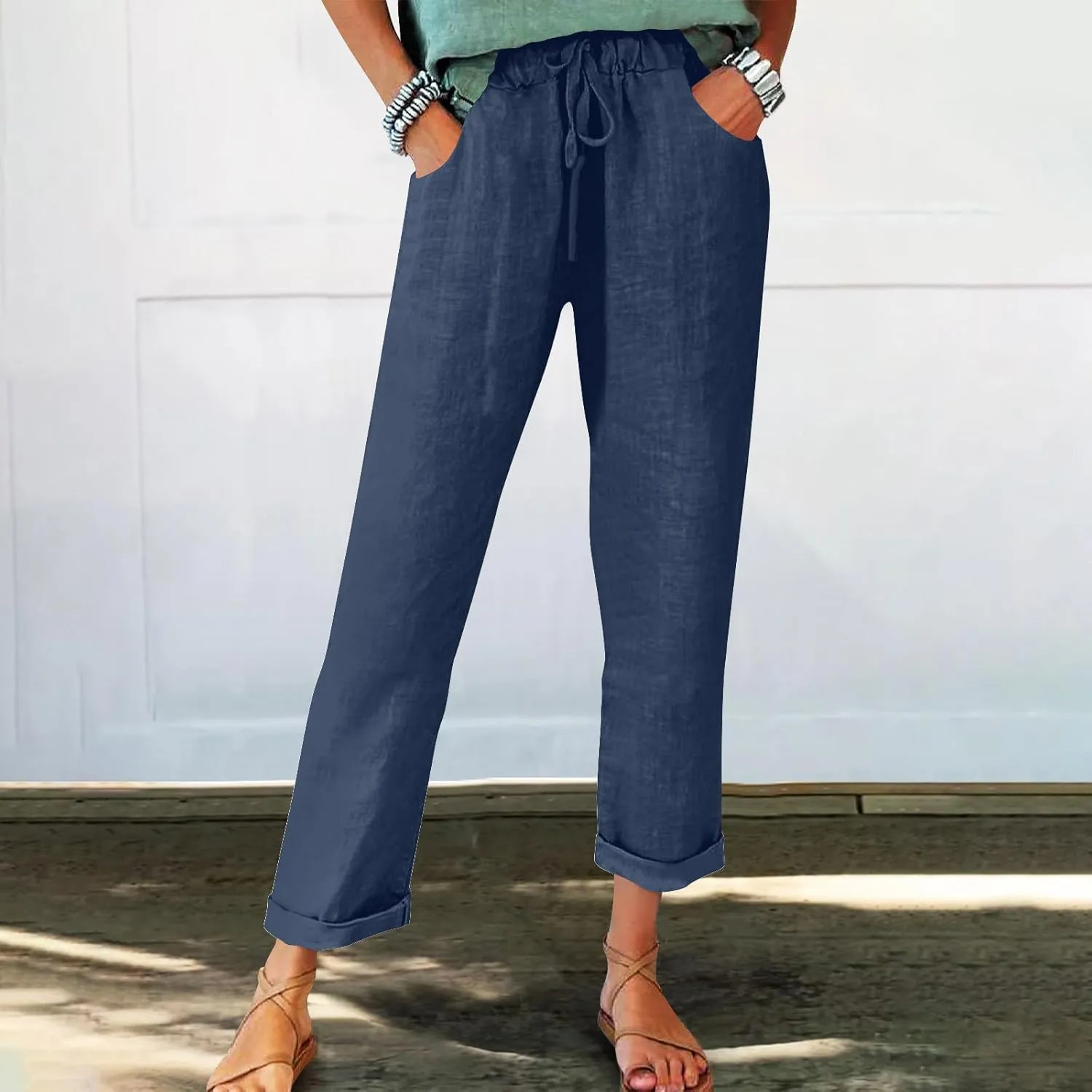 Womens Casual Cotton Linen Pants Lightweight Summer Elastic Waist Beach Pant Solid Lounge Long Trousers with Pockets